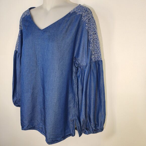 Massimo Dutti Womens Top Size 4 Embroidered Blue Chambray Peasant Balloon Sleeve - Picture 3 of 12